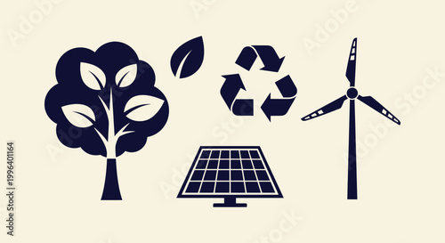 Sustainable energy and environment conservation icons with tree, recycling, solar and wind power