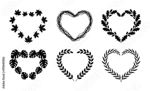 Set of 6 Black Heart Wreaths, Decorative Floral and Leaf Frames, Organic Botanical Elements, Romantic and Natural Design Assets