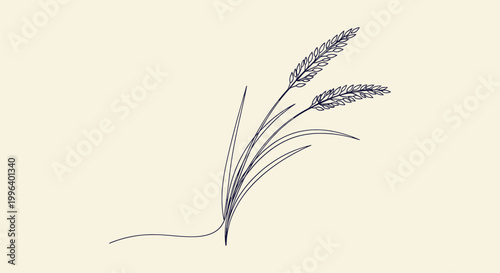 Minimalist Continuous One Line Drawing of Rice Grain Stalks for Organic Food Branding and Design