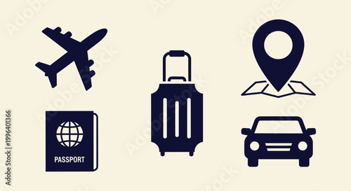 Vector Flat Travel Icon Set with Airplane Passport Suitcase Map Pin and Car for Tourism Concepts