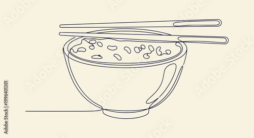 Minimalist Continuous Line Drawing of a Traditional Asian Rice Bowl with Chopsticks for Japanese Food