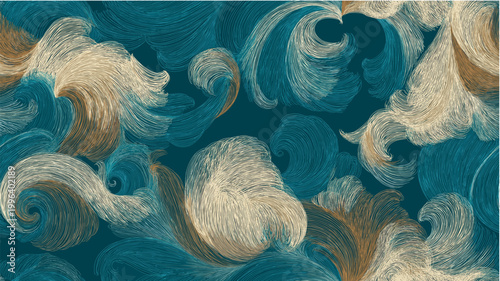 Abstract flowing scroll pattern creating dynamic waves. Seamless repeating organic pattern with swirling lines in blue and beige tones