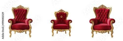 Luxury Red Velvet Armchair with Gold Frame Isolated on White Background for Interior Design, Furniture Mockup, Antique Style, and Realistic Material Graphic Assets.