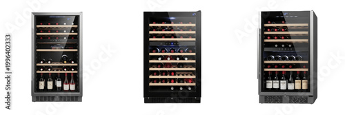 Modern Black Wine Cooler Refrigerator Isolated on White Background for Luxury Kitchen Tech, Home Appliance Mockup, and Realistic Hardware Graphic Design Assets.