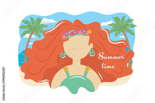 A vibrant summer vector illustration depicting a young woman with flowing red hair, wearing a green top adorned with floral decorations and turquoise earrings.