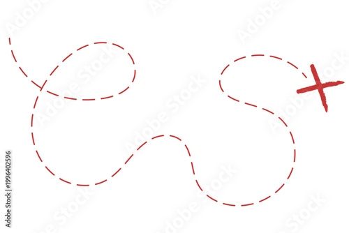 Red treasure map element. A dashed line and red X mark ink on the map, the treasure map with a dotted line, X marks the spot, dashed line trail to an X