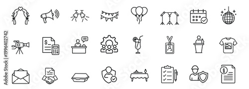 Organizer line icons set wedding gate spotlight ticket invitation banquet table staff management schedule security & more vector illustration with editable stroke.