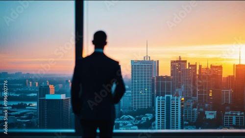 Confident businessman in a suit watching the beautiful sunset over the city from his office window