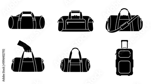 Foto Set of 6 Black Duffel Bags and Rolling Suitcase Icons, Versatile Travel Luggage