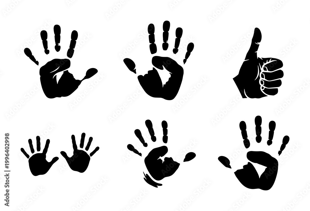 Fototapeta premium Black Handprint and Thumbs Up Icons, Vector Set. Graphic Elements for Approval, Communication, and Family Themes. Clean Design.