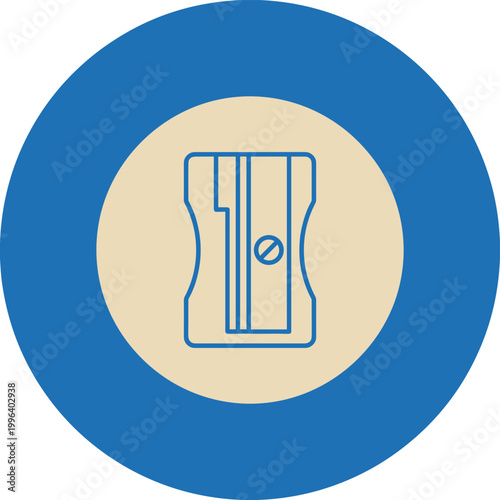 Minimalist Pencil Sharpener Icon on Blue and Beige Circle