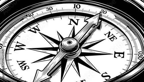 Compass illustration in black and white style for navigation