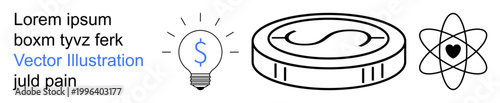 Finance, creativity, energy efficiency, technology, innovation, philanthropy. A lightbulb for ideas, a coin for money and an atomic figure with a heart. Finance and creativity concept