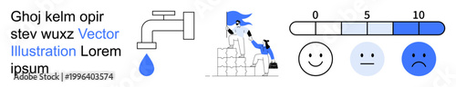 Water conservation, emotional well-being, productivity, work-life balance, sustainability, feedback mechanism. Minimal graphics of a faucet, mood scale productivity and a worker. Water conservation