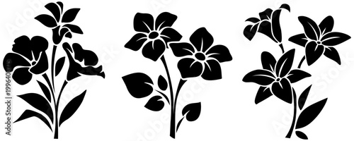 Black silhouettes of flowers isolated on a white background. Set of vector illustrations of flowers