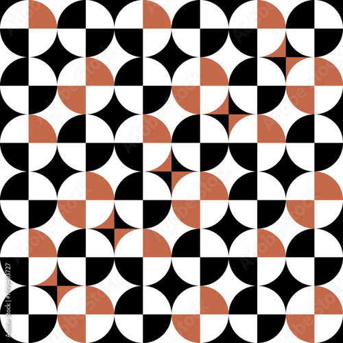Seamless Geometric Pattern with Circles and Terracotta Accents, Mid Century Modern Style