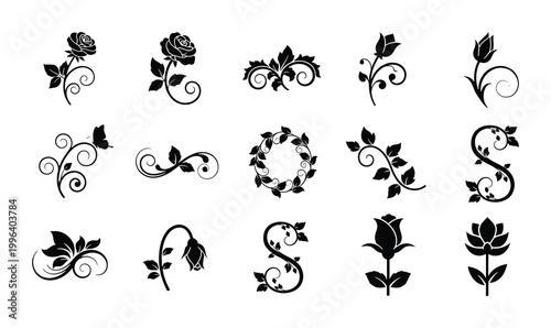 Elegant Black Floral Swirl Ornaments, Vector Flourishes, Decorative Botanical Elements, Vintage Rose Motifs, Set of 15