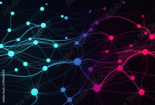 Abstract neural network visualization depicting interconnected nodes in vibrant blue and pink hues against a dark backdrop reflecting complex data relationships and digital innovation