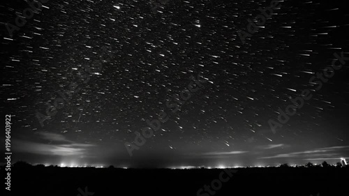 Mesmerizing Black and White Timelapse of Star Trails with Audible Sound of Wind Blowing Over Rural Landscape at Night