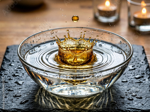 Golden Water Droplet Crown Splash in Glass Bowl with Candlelight Background