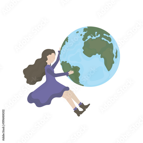 Conceptual vector illustration showing a young woman with long brown hair in a purple dress and brown boots, leaning against a large globe of Earth.