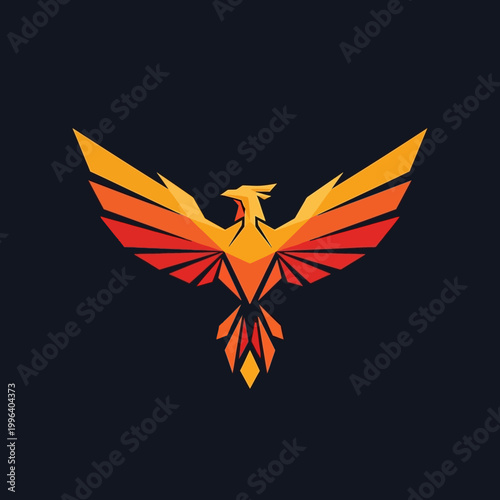 Geometric Phoenix Bird Emblem with Fiery Wings.