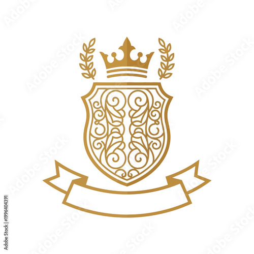 Elegant Golden Crest Emblem with Crown and Banner.
