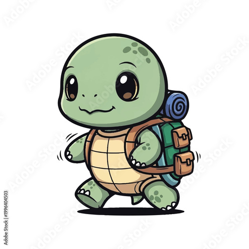 Smiling turtle with backpack on walking.