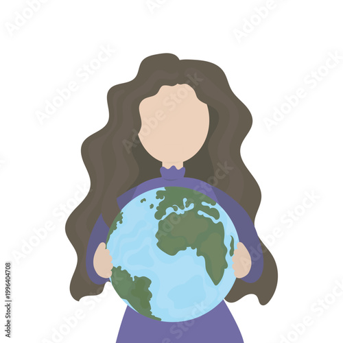 Symbolic vector illustration of a young woman with long brown hair dressed in a purple outfit, holding a large globe of Earth.