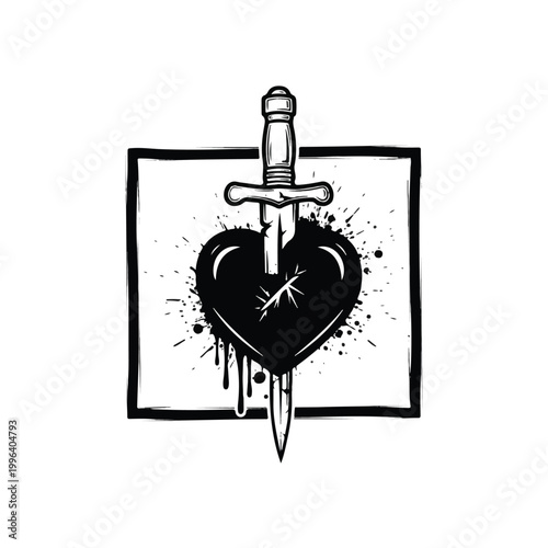 Tattooed heart pierced with dagger blade.
