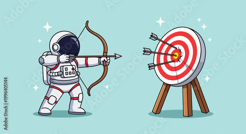 Astronaut shooting an arrow with a bow at a bullseye target in space illustration.