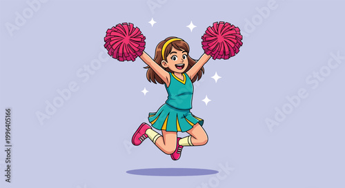 Bild auf Leinwand Cheerful young girl cheerleader jumping with pink pompoms cartoon illustration