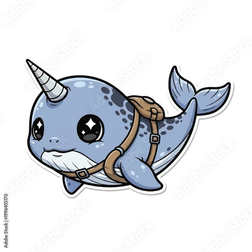 Cartoon narwhal with leather harness on.