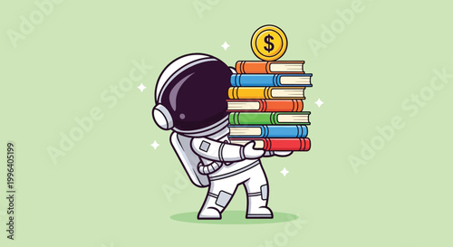 Cute Cartoon Astronaut Carrying a Stack of Colorful Books Topped with a Gold Dollar Coin.