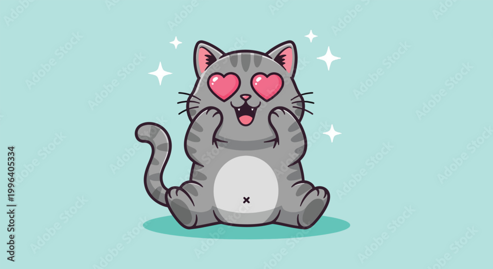 Fototapeta premium Cute cartoon gray cat with heart eyes and happy expression.