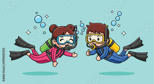 Cute Cartoon Couple Scuba Diving Underwater Adventure.