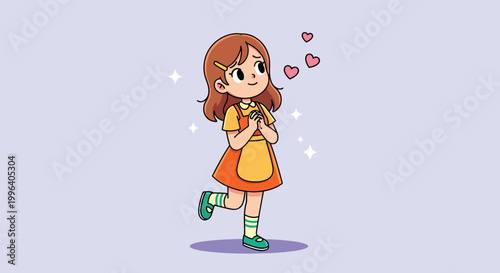 Cute cartoon girl in love with floating hearts vector illustration.