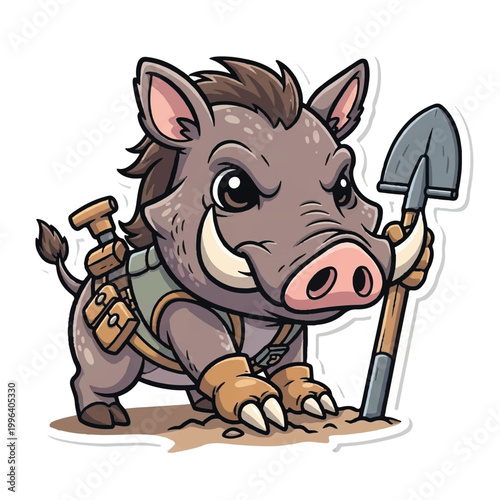 Cartoon boar with pickaxe mining tool.