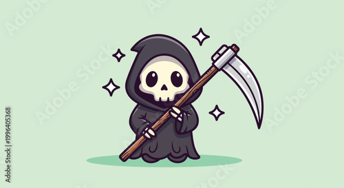 Cute cartoon grim reaper holding a scythe.