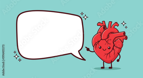 Cute cartoon human heart character pointing to a blank speech bubble on a blue background.