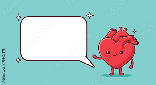 Cute cartoon heart character pointing at a blank speech bubble.