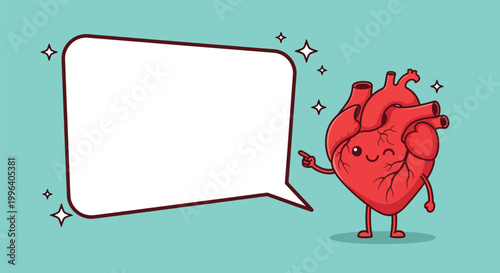 Cute cartoon human heart character pointing to empty speech bubble for text.