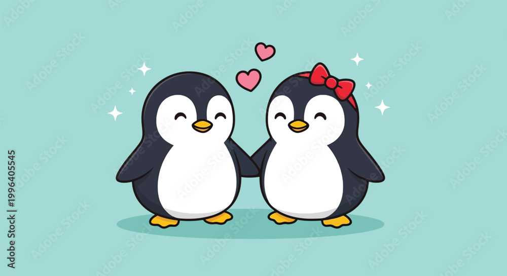Obraz premium Cute Penguin Couple in Love Holding Hands Cartoon Illustration.