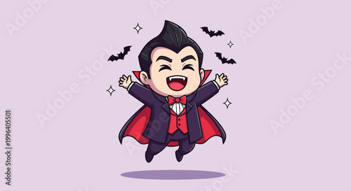 Cute Chibi Vampire Character Jumping Happily for Halloween Celebration.
