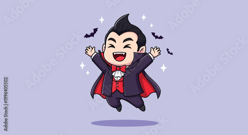 Cute Chibi Vampire Boy Mascot Character Jumping with Bats for Halloween Celebration.