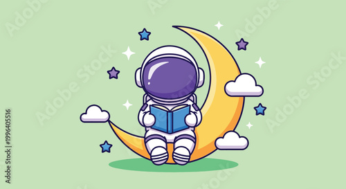 Cute Little Astronaut Sitting on a Crescent Moon and Reading a Book in Space with Stars and Clouds Background.