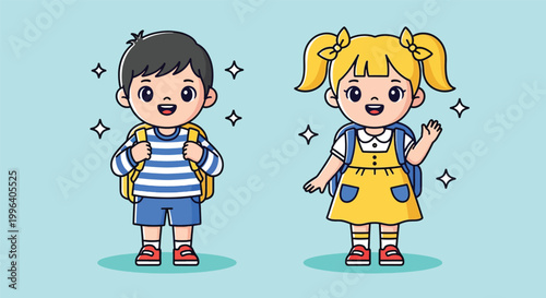 Cute Little Boy and Girl Wearing Backpacks Ready for School Cartoon Illustration.