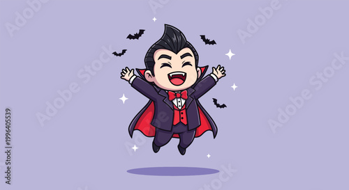 Cute Little Boy Vampire Character Jumping with Bats for Halloween Celebration.