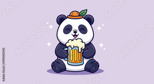 Cute Panda Holding a Beer Mug with Foam and Hat.