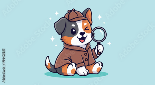 Cute Puppy Detective Character Wearing Sherlock Holmes Hat and Holding Magnifying Glass Illustration.